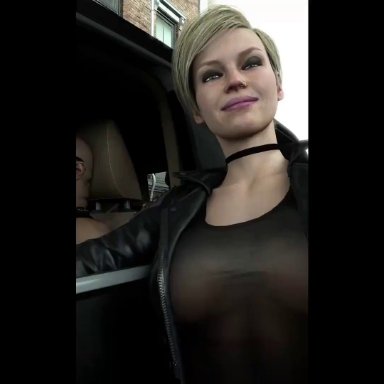 mortal kombat, cassie cage, spanky, 1boy1girl, blonde hair, cum, cum on face, dark-skinned male, driving, fellatio, hand on ass, interracial, just the tip, kissing, leather jacket