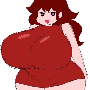 friday night funkin, girlfriend (friday night funkin), momiji (artist), 1girls, big ass, big breasts, breasts bigger than head, female, female only, heart eyes, huge ass, huge breasts, long hair, red hair, smile