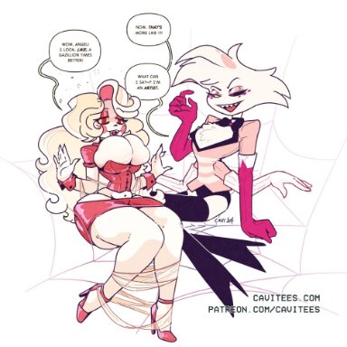 hazbin hotel, angel dust (hazbin hotel), cavitees, ass expansion, before and after, bimbo, bimbofication, blonde hair, brain drain, breast expansion, huge ass, huge breasts, mind control, red clothing, transformation