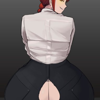 chainsaw man, makima (chainsaw man), emmarrgus, 1girls, alternate ass size, ass cleavage, ass focus, back view, butt crack, clothed, come hither, dat ass, female only, glowing eyes, grey background
