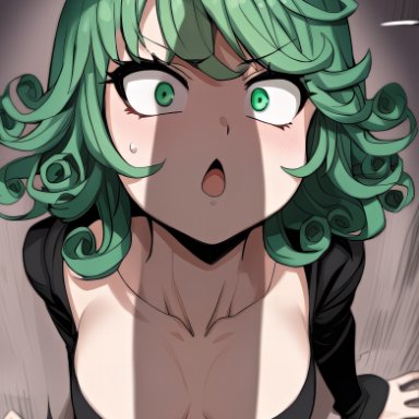 one-punch man, tatsumaki, 1boy, 1girls, big cock, big penis, black dress, breasts, clothed, clothed female, clothing, cock, collarbone, curly hair, eyebrows