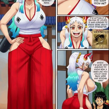 one piece, beast pirates, monkey d luffy, yamato (one piece), pinkpawg, female, giant female, large breasts, male, wano country, tagme, text