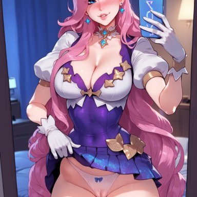 league of legends, seraphine (league of legends), balecxi, blue eyes, blush, cameltoe, cleavage, large breasts, lifted by self, lifting skirt, long hair, mirror, mirror selfie, panties, phone