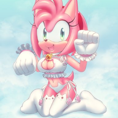 sonic (series), sonic the hedgehog (series), amy rose, clothing, cat lingerie, cat legwear, cat panties, breasts, 1girl, female, smile, smiling at viewer, open-mouth smile, green eyes, looking at viewer