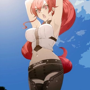 mushoku tensei, eris greyrat, one girl, thick thighs, sword, short shorts, stomach, red eyes, red hair, big breasts, tall female, open mouth, mommy, sexy, sexy pose