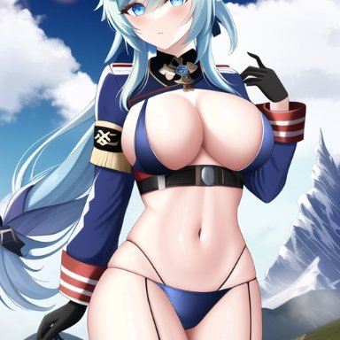 genshin impact, eula (genshin impact), nai diffusion, stable diffusion, breasts, big breasts, blue eyes, blue hair, visor cap, black gloves, stockings, navel, shiny skin, thick thighs, shy