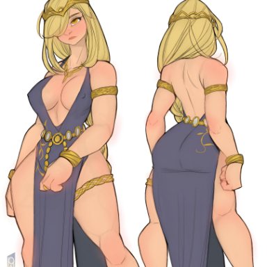 elden ring, fromsoftware, queen marika the eternal, wellington phelippe, 1girls, big ass, big breasts, blonde hair, cleavage, female, female only, light-skinned female, milf, solo, standing