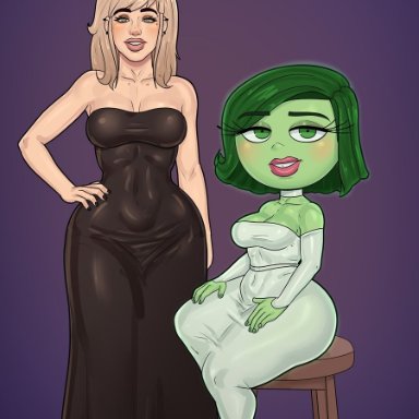 disney, inside out, inside out 2, pixar, cerez (rocner), disgust (inside out), rocner, 2girls, ass, big ass, big breasts, blonde hair, blush, breasts, child bearing hips