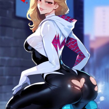 spider-verse, gwen stacy, gwen stacy (spider-verse), ignisai, thiccwithaq (ai style), 1girls, female, female only, high heels, huge thighs, large ass, large breasts, large butt, large thighs, light-skinned female