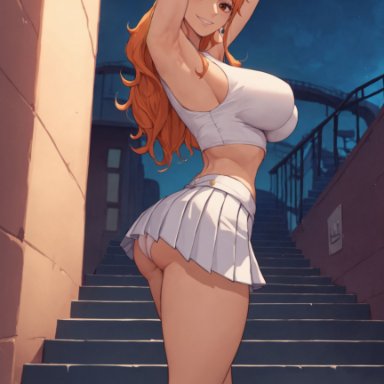 one piece, nami, nami (one piece), alex schura, alex-schura, 1girls, armpits, arms up, ass, bangs, bare shoulders, breasts, brown eyes, cleavage, clothing