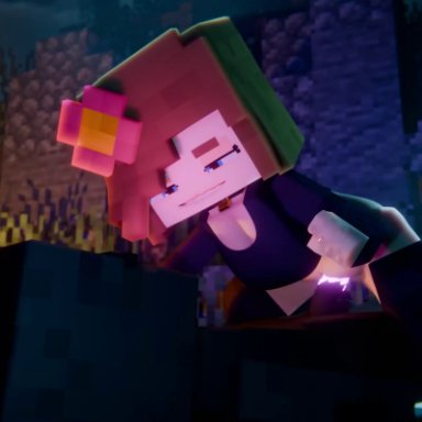 minecraft, jenny belle (slipperyt), beltomnsfw, 1boy, 1boy1girl, ass, blue eyes, brown hair, campfire, cowgirl position, detailed background, dominant female, faceless male, female, flower in hair