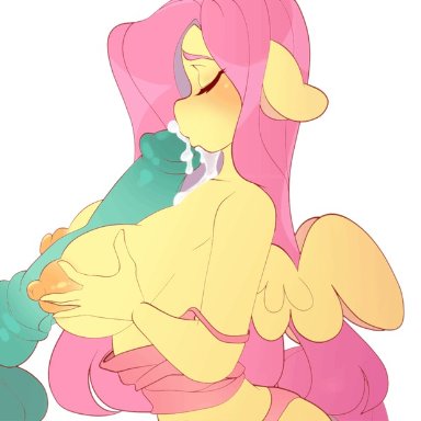 friendship is magic, hasbro, my little pony, mythology, fluttershy (mlp), tolsticot, anthro, balls, bodily fluids, breast play, breasts, closed eyes, clothing, cum, duo