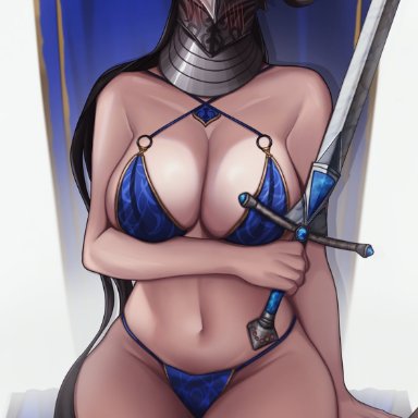 elden ring, fromsoftware, shadow of the erdtree, rellana twin moon knight, bufforianna, bare shoulders, big breasts, blush, blushing through mask, busty, curves, curvy, female, helmet, holding weapon