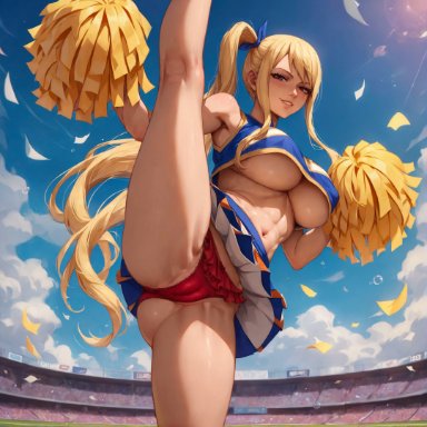 fairy tail, lucy heartfilia, alex-schura, 1girls, abs, armpits, ass, bangs, bare shoulders, blonde hair, blue sky, blush, breasts, brown eyes, cameltoe