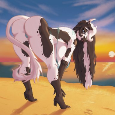 beach, sunset, tail, anthro, big breasts, big boobs, hooves, blue eyes, boobs, sideboob, bovid, bovine, cleavage, female, female only