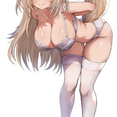 hololive, hololive english, fuwawa abyssgard, honkivampy, 1girls, animal ear fluff, animal ears, arms behind back, bent over, blonde hair, blue hair, blush, bra, breasts, cleavage