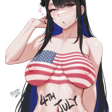 4th of july, hololive, hololive english, hololive english -advent-, nerissa ravencroft, myth1c, myth1carts, 1girls, asymmetrical horns, beauty mark, black hair, blue hair, bodypaint, breasts, colored inner hair