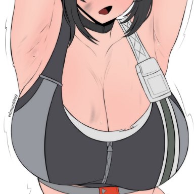 hoyoverse, zenless zone zero, grace howard, edmun, a bit dirty, armpits, arms up, big breasts, black hair, closed eyes, eyes closed, female, female only, fingerless gloves, goggles