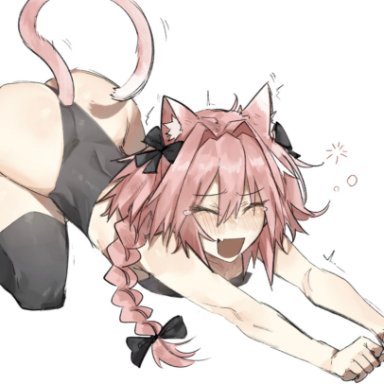 fate (series), fate/grand order, astolfo (fate), nabibutter, 1boy, arched back, ass up, blush, braid, cat ears, catboy, closed eyes, femboy, kemonomimi, leotard