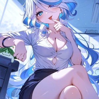 genshin impact, furina (genshin impact), 1girls, blue eyes, blue hair, blush, breasts, button gap, clenched teeth, clothed, crossed legs, female, fully clothed, legs, looking at viewer