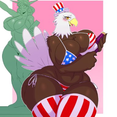 4th of july, sssonic2, 1girls, american flag, american flag bikini, anthro, anthro only, ass, avian, avian humanoid, bald eagle, beak, bending forward, big ass, big butt
