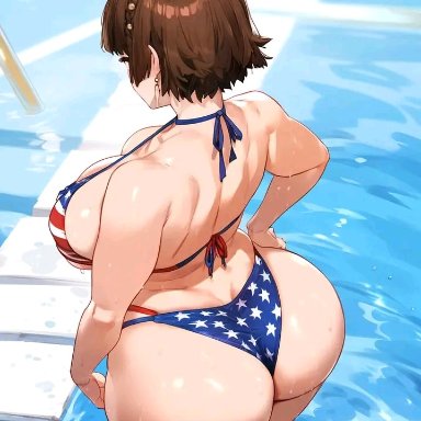 4th of july, atlus, persona, persona 5, makoto niijima, 1girl, 1girls, above view, american flag bikini, behind view, big ass, big breasts, big butt, bikini, bikini bottom