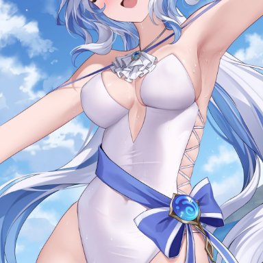 genshin impact, furina (genshin impact), lunacle, 1girls, alternate costume, blue eyes, blue hair, cameltoe, clouds, day, female, female focus, female only, front view, light skin