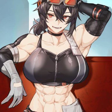 zenless zone zero, grace howard, artist request, abs, big arms, big breasts, black hair, broad shoulders, buff, clothed, goggles on head, muscle mommy, muscles, muscular arms, muscular female