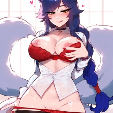 league of legends, riot games, ahri, 1girls, bra, breasts, breasts out, fox girl, hearts, holding breast, nipples, office lady, orange eyes, panties, pantyhose