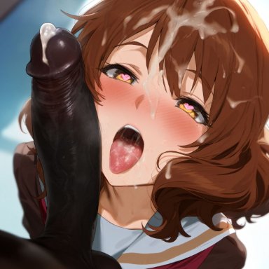 hibike! euphonium, oumae kumiko, mirham, after fellatio, after oral, age difference, ahe gao, balls, ballsack, big balls, cock hungry, cock worship, cum in mouth, dark skin, dark-skinned male