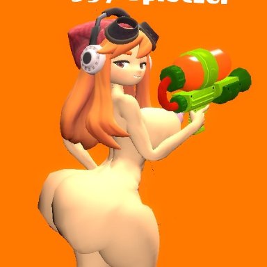 glitch productions, smg4, meggy spletzer, big ass, big breasts, big butt, booty, holding gun, naked female, nipples, orange background, sideboob