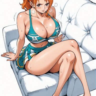 one piece, nami, nami (one piece), yashin, alluring, big breasts, breasts, brown eyes, cheerleader, cheerleader costume, cheerleader outfit, cheerleader uniform, crossed legs, female, female only
