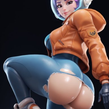 overwatch, overwatch 2, juno (overwatch), vbytwo, 1girls, asian, asian female, ass, bangs, black gloves, blunt bangs, bodysuit, breasts, brown eyes, closed mouth