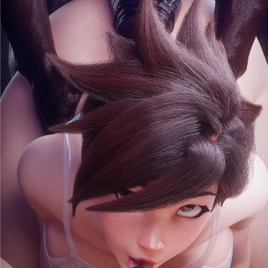 overwatch, tracer, 1girls, 2boys, big penis, chastity cage, cuckold, cuckold pov, dark skin, dark-skinned male, female, interracial, looking at viewer, male, penis size difference