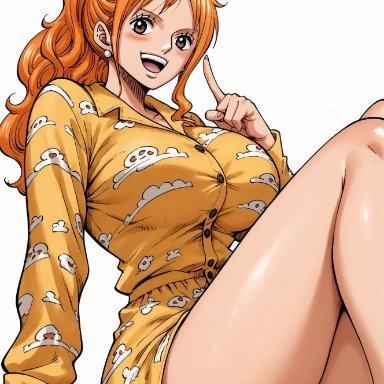 one piece, nami, nami (one piece), yashin, alluring, arm support, arm under breasts, big breasts, blush, brown eyes, covered pussy, earring, earrings, female, female only
