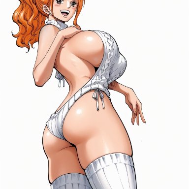 one piece, nami, nami (one piece), yashin, almost naked, almost nude, blush, breasts, brown eyes, female, female only, full body, hand on breast, long hair, long legs