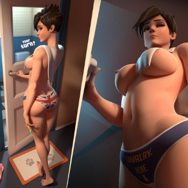 blizzard entertainment, overwatch, tracer, breadblack, ?, 1girls, ass, bare shoulders, belly, big ass, big breasts, bottomwear, breasts, british flag, brown eyes