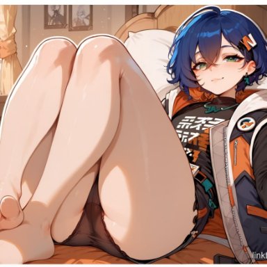zenless zone zero, belle (zenless zone zero), a1exwell, bedroom, blouse, cute face, feet, female, foot fetish, indoors, jacket, lying on back, panties, soles, ai generated