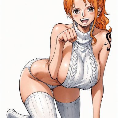 one piece, nami, nami (one piece), yashin, alluring, almost naked, almost nude, big breasts, blush, breasts, brown eyes, female, female only, long hair, looking at viewer