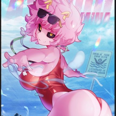 my hero academia, mina ashido, hotvr, big ass, female, large ass, lifeguard, one-piece swimsuit, pink body, pink hair, pink skin, solo, sunglasses, swimsuit, tanline