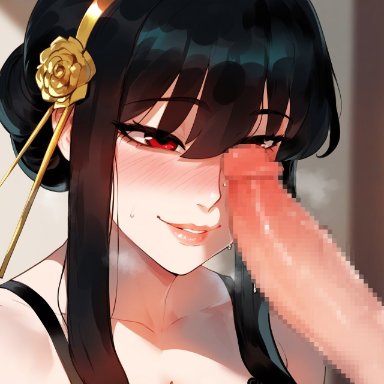 spy x family, yor briar, yor forger, miyuai, 1boy, 1girls, bangs, bare shoulders, black hair, blush, breasts, clavicle, cleavage, closed mouth, clothing