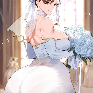 street fighter, chun-li, creamy ai, ass, ass focus, big ass, big butt, bouquet, bridal veil, brown eyes, brown hair, bubble ass, bubble butt, curvy, dat ass