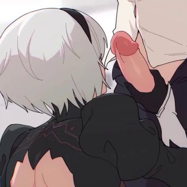 nier: automata, adam (nier automata), yorha 2b, gintsu, 1boy, 1girls, blowjob, crying, cum, cum in mouth, cumming, deepthroat, ejaculation, head grab, oral