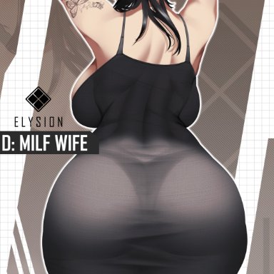 goddess of victory: nikke, d (killer wife) (nikke), d (nikke), niflheim (artist), 1girls, armpits, arms up, ass, ass focus, back, backboob, black dress, black hair, blush, breasts