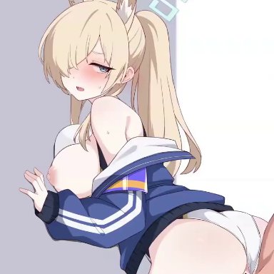 blue archive, valkyrie police school student, kanna (blue archive), kanna (swimsuit) (blue archive), kumasteam, 1boy, 1girls, animal ears, anus, ass, bare shoulders, blonde hair, blue eye, blue jacket, blush