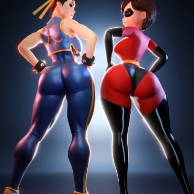 capcom, disney, fortnite, pixar, street fighter, the incredibles, chun-li, chun-li (fortnite), elastigirl, elastigirl (fortnite), helen parr, helen parr (fortnite), smitty34, 2girls, ass