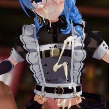 hololive, hololive gen 0, hololive japan, hoshimachi suisei, suzutaro3d, 1boy, 1girls, alternate costume, blue eyes, blue hair, blush, clothing, cum, cum on body, cum on face