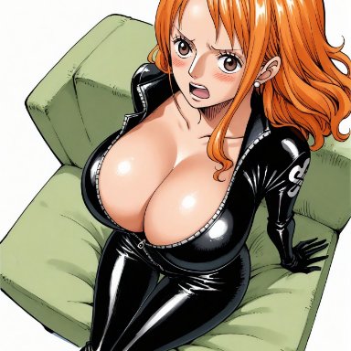 one piece, nami, nami (one piece), yashin, alluring, big breasts, blush, bodysuit, breasts, brown eyes, female, female only, latex, latex bodysuit, latex clothing