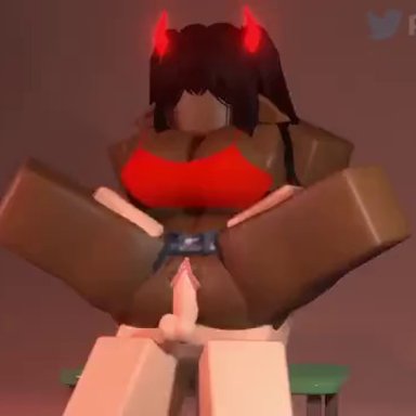 roblox, robloxian, roguerr34, 1boy1girl, big breasts, blocky body, dark-skinned female, demon girl, demon horns, moaning, pussy penetration, r63, background music, made using roblox, tagme