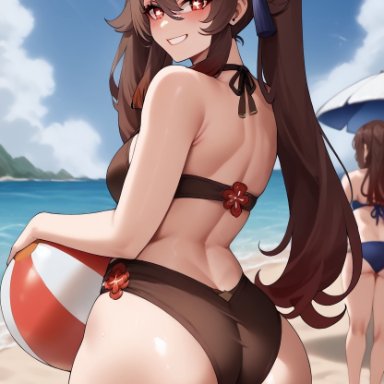 genshin impact, hu tao (genshin impact), dug-lith-pls, thiccwithaq (ai style), 1girls, beach, beach ball, beach umbrella, big ass, breasts, brown bikini, brown bikini bottom, brown bikini top, brown hair, dat ass